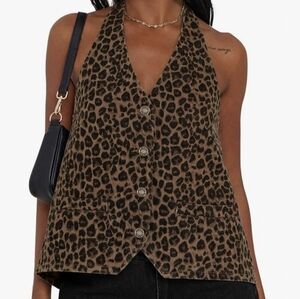 New Collection Leopard Denim Open Back Halter Vest Top
